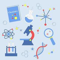 set of stickers of chemistry items, dna, flask, microscope, book, atoms, molecules, vector illustration