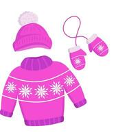 Vector illustration of a knitted sweater, hat and mittens with a decorative pattern on them, highlighted on a white background. Traditional Christmas clothes for the head, arms and neck