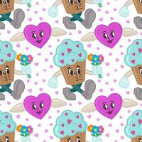 Seamless pattern with cupcakes and hearts with wings.Cartoon cupcakes in retro style of the 30s, 40s, 50s, 60s.Vector illustration for Valentine's Day. A happy,loving cupcake with a bouquet of flowers vector