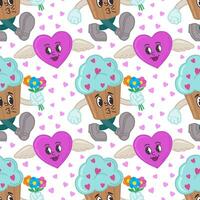 Seamless pattern with cupcakes and hearts with wings.Cartoon cupcakes in retro style of the 30s, 40s, 50s, 60s.Vector illustration for Valentine's Day. A happy,loving cupcake with a bouquet of flowers vector