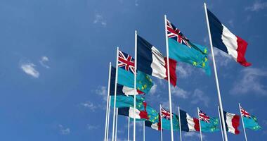 Tuvalu and France Flags Waving Together in the Sky, Seamless Loop in Wind, Space on Left Side for Design or Information, 3D Rendering video