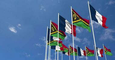 Vanuatu and France Flags Waving Together in the Sky, Seamless Loop in Wind, Space on Left Side for Design or Information, 3D Rendering video