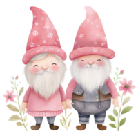 AI generated Pink Gnome Couple Cute Watercolor with flower in Valentine Theme png