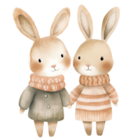 AI generated Festive Christmas Bunny Couple Watercolor in Earth Tones png