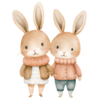 AI generated Festive Christmas Bunny Couple Watercolor in Earth Tones png