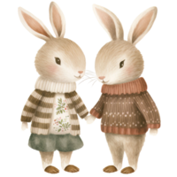 AI generated Festive Christmas Bunny Couple Watercolor in Earth Tones png