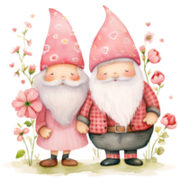 ai généré rose gnome couple mignonne aquarelle avec fleur dans Valentin thème png