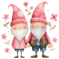 AI generated Pink Gnome Couple Cute Watercolor with flower in Valentine Theme png