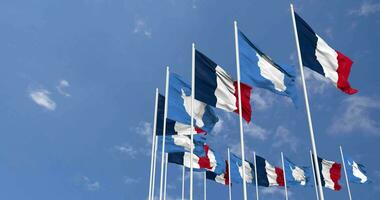 Antártida y Francia banderas ondulación juntos en el cielo, sin costura lazo en viento, espacio en izquierda lado para diseño o información, 3d representación video