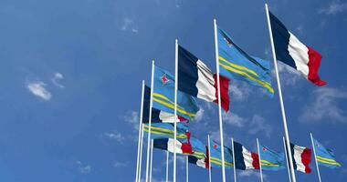 Aruba and France Flags Waving Together in the Sky, Seamless Loop in Wind, Space on Left Side for Design or Information, 3D Rendering video