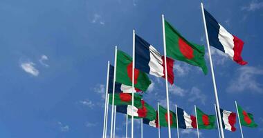 Bangladesh and France Flags Waving Together in the Sky, Seamless Loop in Wind, Space on Left Side for Design or Information, 3D Rendering video