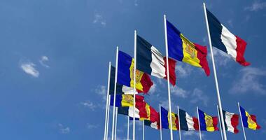 Andorra and France Flags Waving Together in the Sky, Seamless Loop in Wind, Space on Left Side for Design or Information, 3D Rendering video