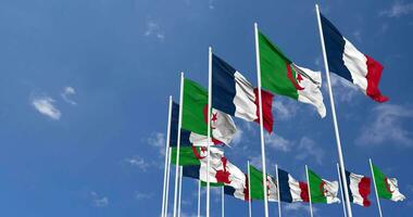 Algeria and France Flags Waving Together in the Sky, Seamless Loop in Wind, Space on Left Side for Design or Information, 3D Rendering video