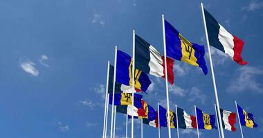 Barbados and France Flags Waving Together in the Sky, Seamless Loop in Wind, Space on Left Side for Design or Information, 3D Rendering video