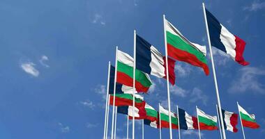 Bulgaria and France Flags Waving Together in the Sky, Seamless Loop in Wind, Space on Left Side for Design or Information, 3D Rendering video