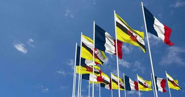 Brunei and France Flags Waving Together in the Sky, Seamless Loop in Wind, Space on Left Side for Design or Information, 3D Rendering video