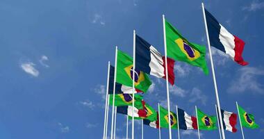 Brazil and France Flags Waving Together in the Sky, Seamless Loop in Wind, Space on Left Side for Design or Information, 3D Rendering video