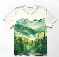 AI generated watercolor painting of trees and mountains photo