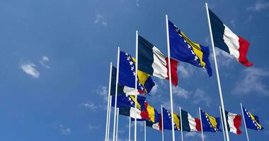 Bosnia and Herzegovina and France Flags Waving Together in the Sky, Seamless Loop in Wind, Space on Left Side for Design or Information, 3D Rendering video