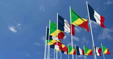 Congo and France Flags Waving Together in the Sky, Seamless Loop in Wind, Space on Left Side for Design or Information, 3D Rendering video