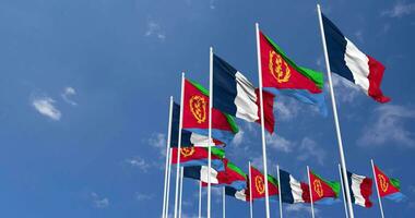 Eritrea and France Flags Waving Together in the Sky, Seamless Loop in Wind, Space on Left Side for Design or Information, 3D Rendering video