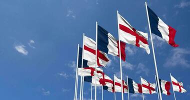 England and France Flags Waving Together in the Sky, Seamless Loop in Wind, Space on Left Side for Design or Information, 3D Rendering video