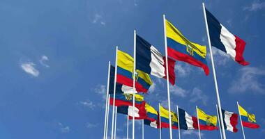 Ecuador and France Flags Waving Together in the Sky, Seamless Loop in Wind, Space on Left Side for Design or Information, 3D Rendering video
