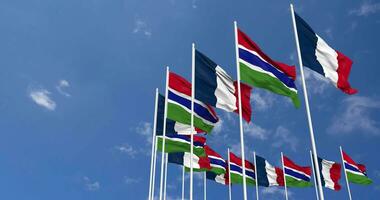 Gambia and France Flags Waving Together in the Sky, Seamless Loop in Wind, Space on Left Side for Design or Information, 3D Rendering video