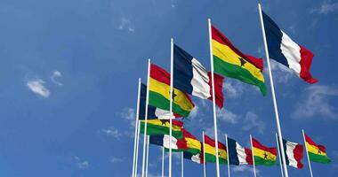 Ghana and France Flags Waving Together in the Sky, Seamless Loop in Wind, Space on Left Side for Design or Information, 3D Rendering video