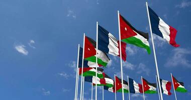 Jordan and France Flags Waving Together in the Sky, Seamless Loop in Wind, Space on Left Side for Design or Information, 3D Rendering video