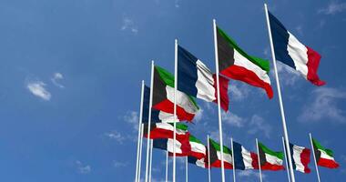 Kuwait and France Flags Waving Together in the Sky, Seamless Loop in Wind, Space on Left Side for Design or Information, 3D Rendering video
