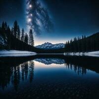 A minimalist composition of a starry night sky over a tranquil lake, reflecting the surrounding mountains and evergreen trees. The snow-covered ground sparkles under the night sky. photo