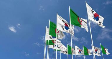 Algeria and South Korea Flags Waving Together in the Sky, Seamless Loop in Wind, Space on Left Side for Design or Information, 3D Rendering video