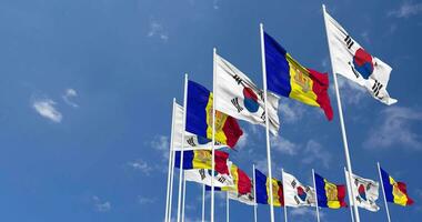 Andorra and South Korea Flags Waving Together in the Sky, Seamless Loop in Wind, Space on Left Side for Design or Information, 3D Rendering video