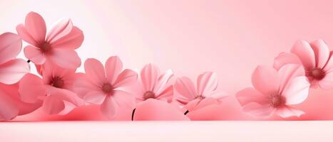 AI generated Header with flowers on light pink background. Greeting card template for mothers, womans day. Floral composition with empty space for text. photo