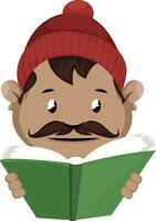 Man with mustache and beanie reading a book vector