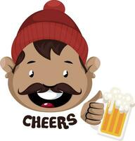 Man with mustache and beanie cheering with beer vector