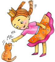A girl princess is stroking a ginger cat. Watercolor illustrations png