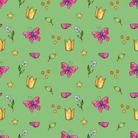 Seamless abstract pattern with crowns, butterflies, flowers and stars. Creative childish pattern. Great for fabric, textile Illustration photo