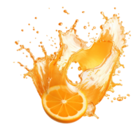 ai generiert dynamisch Orange Saft Spritzen auf transparent Hintergrund, frisch Zitrusfrüchte Flüssigkeit Welle mit beschwingt wirbelt und Tröpfchen, Ideal zum Getränk Anzeigen und Gesundheit Kampagnen. png