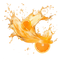 ai generiert dynamisch Orange Saft Spritzen auf transparent Hintergrund, frisch Zitrusfrüchte Flüssigkeit Welle mit beschwingt wirbelt und Tröpfchen, Ideal zum Getränk Anzeigen und Gesundheit Kampagnen. png