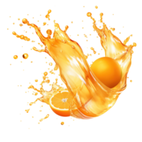 ai generiert dynamisch Orange Saft Spritzen auf transparent Hintergrund, frisch Zitrusfrüchte Flüssigkeit Welle mit beschwingt wirbelt und Tröpfchen, Ideal zum Getränk Anzeigen und Gesundheit Kampagnen. png