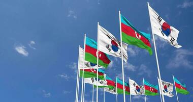 Azerbaijan and South Korea Flags Waving Together in the Sky, Seamless Loop in Wind, Space on Left Side for Design or Information, 3D Rendering video