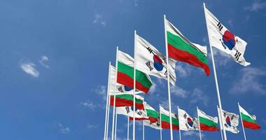 Bulgaria and South Korea Flags Waving Together in the Sky, Seamless Loop in Wind, Space on Left Side for Design or Information, 3D Rendering video