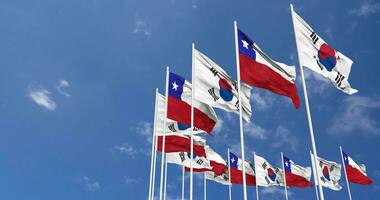 Chile and South Korea Flags Waving Together in the Sky, Seamless Loop in Wind, Space on Left Side for Design or Information, 3D Rendering video