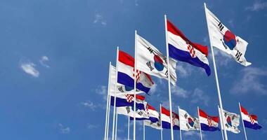 Croatia and South Korea Flags Waving Together in the Sky, Seamless Loop in Wind, Space on Left Side for Design or Information, 3D Rendering video