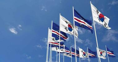 Cape Verde, Cabo Verde and South Korea Flags Waving Together in the Sky, Seamless Loop in Wind, Space on Left Side for Design or Information, 3D Rendering video