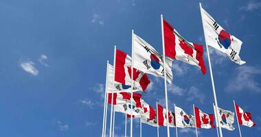 Canada and South Korea Flags Waving Together in the Sky, Seamless Loop in Wind, Space on Left Side for Design or Information, 3D Rendering video