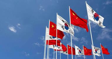 China and South Korea Flags Waving Together in the Sky, Seamless Loop in Wind, Space on Left Side for Design or Information, 3D Rendering video