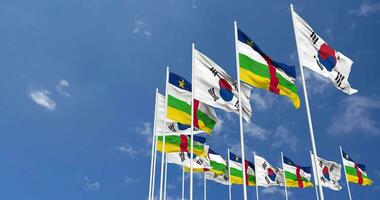 Central African Republic and South Korea Flags Waving Together in the Sky, Seamless Loop in Wind, Space on Left Side for Design or Information, 3D Rendering video